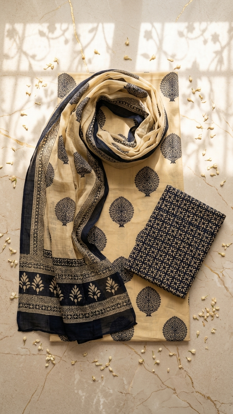 Women's Unstitched Cotton Blend Suit Set with Printed Dupatta | Premium Ethnic Dress Material
