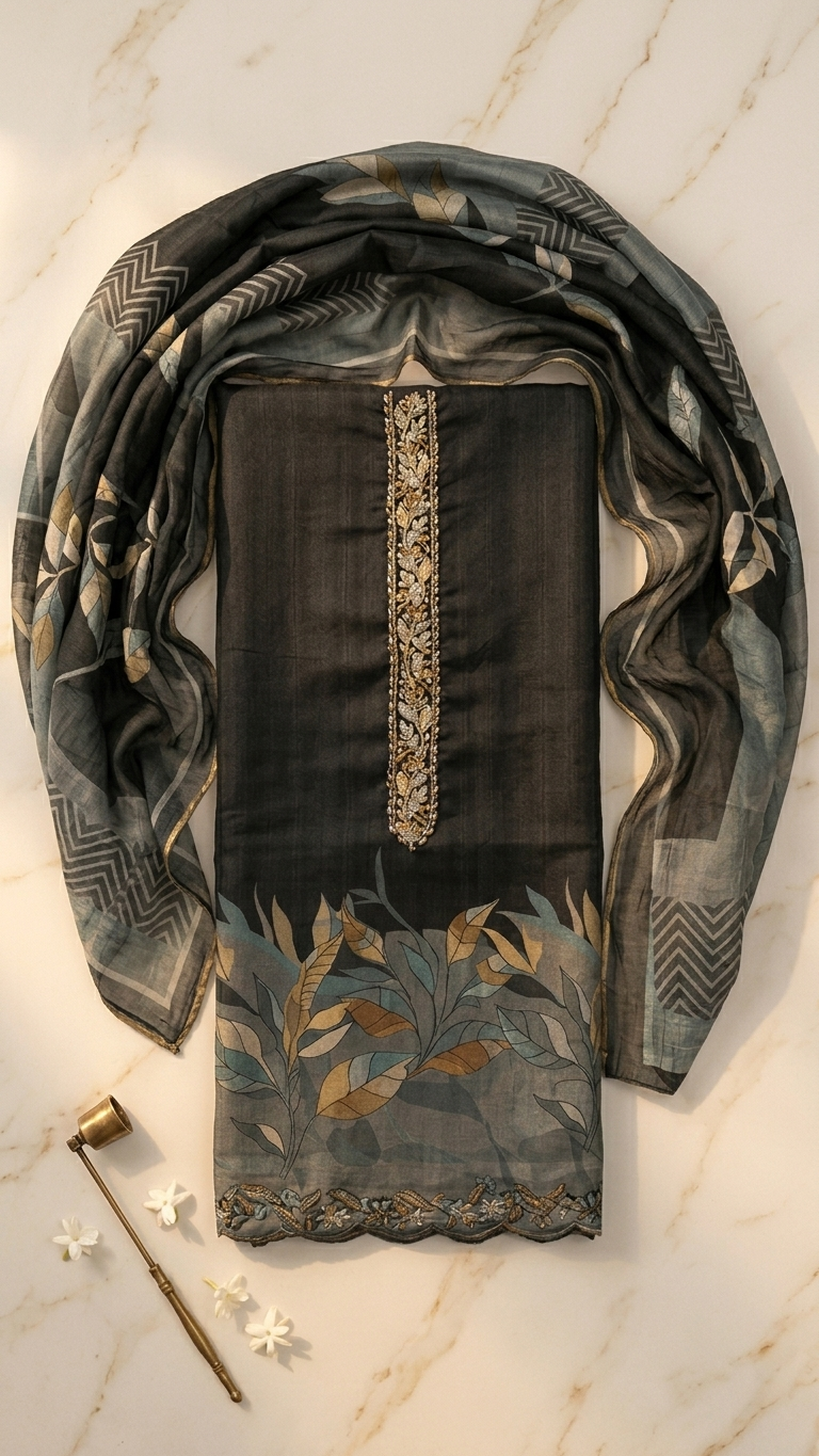 Black muslin suit set with printed dupatta for Women