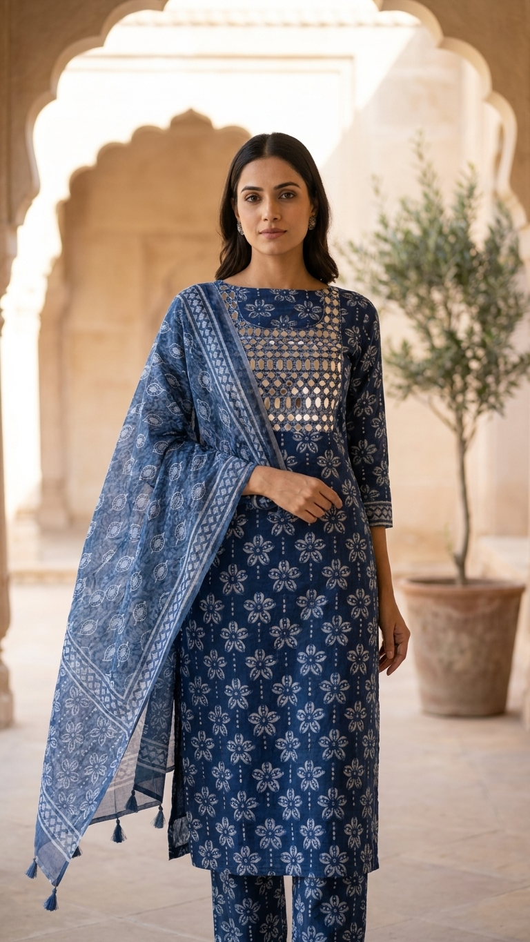 Indigo Cotton Suit Set with Mirror Work Kurta & Printed Dupatta