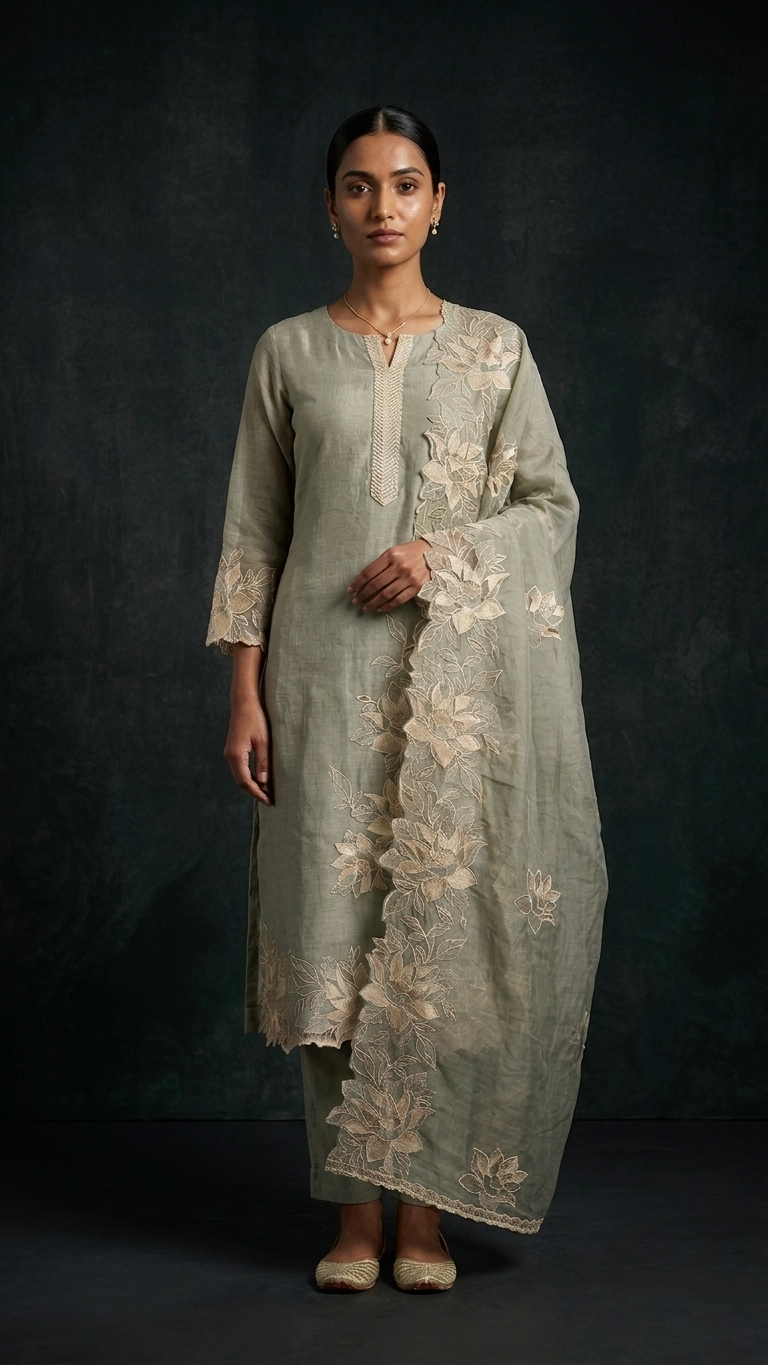 Elegant floral embroidered suit set with Dupatta