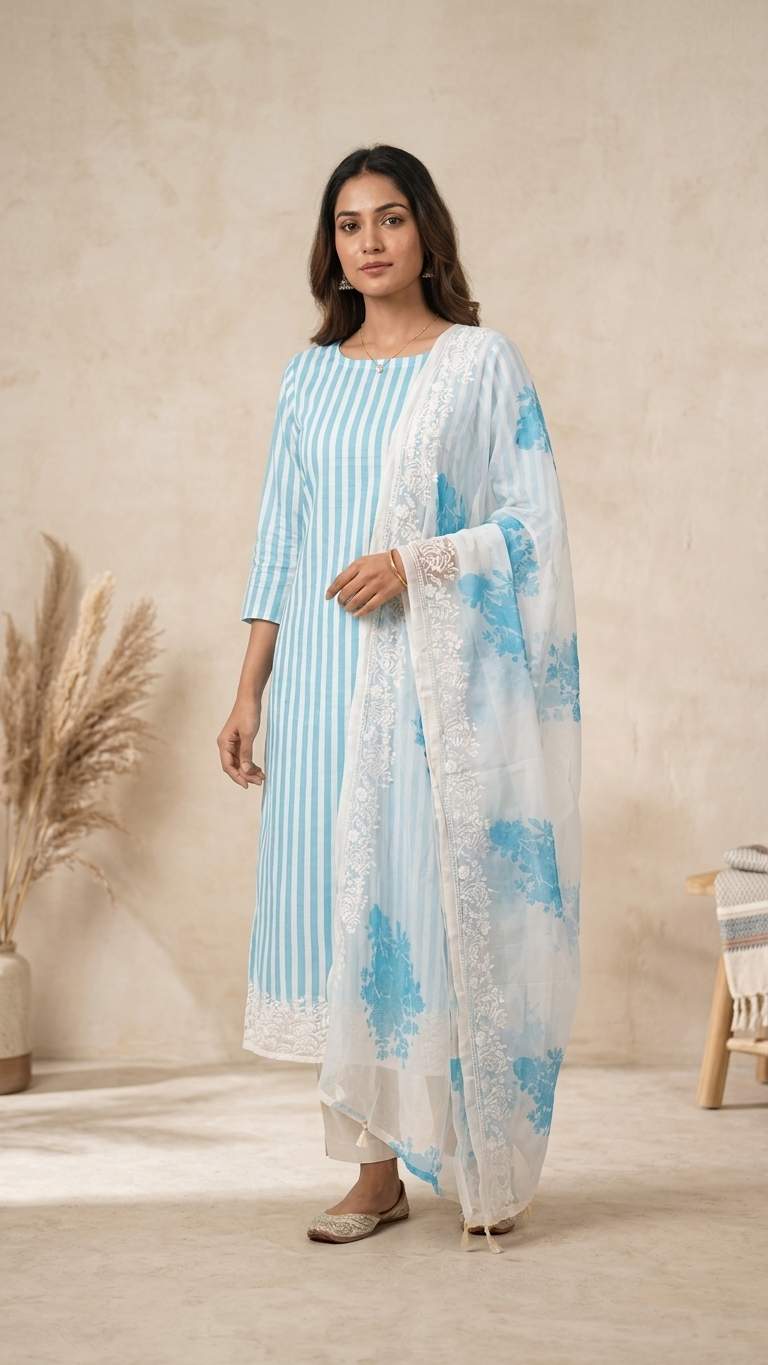 Aqua Blue Striped Embroidered Suit Set with Floral Dupatta