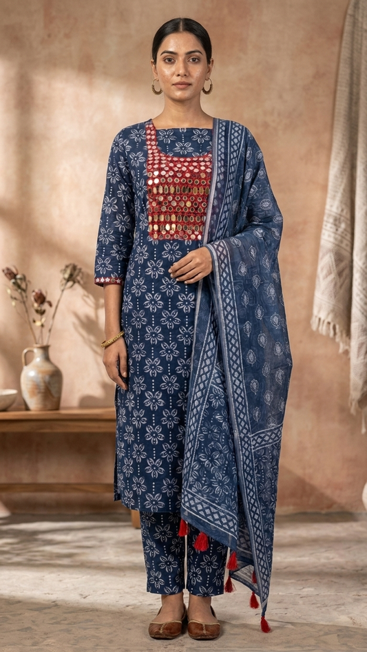 Indigo blue handblock print suit set with Mirror Work Neckline