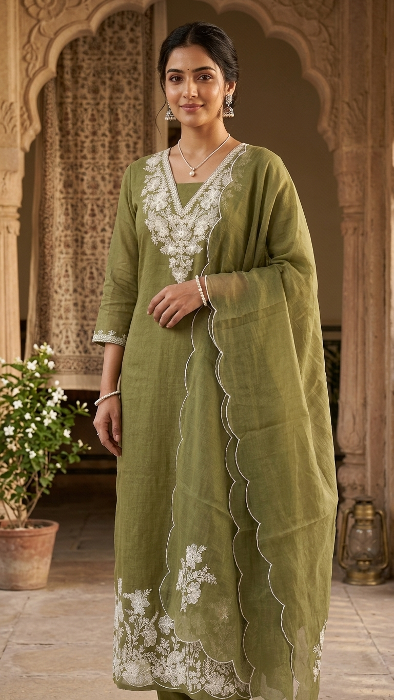 Olive green embroidered suit with Dupatta