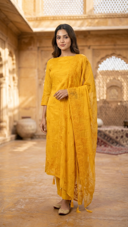 Mustard yellow embroidered suit set with Peacock Motif & Dupatta