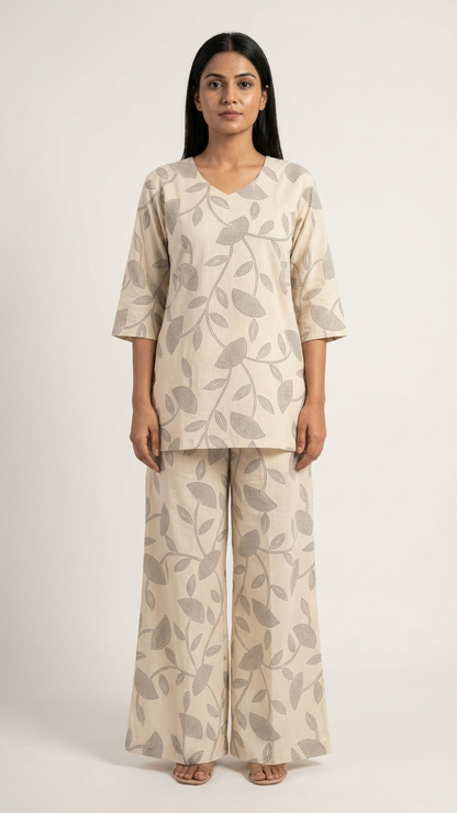 Women's Cotton Blend Co-Ord Set with Beige Botanical Print | Premium Casual Lounge Wear