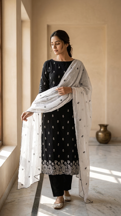 Black cotton suit set with embroidered dupatta for Women