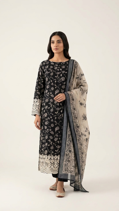 Black and ivory ethnic suit set with Designer Dupatta