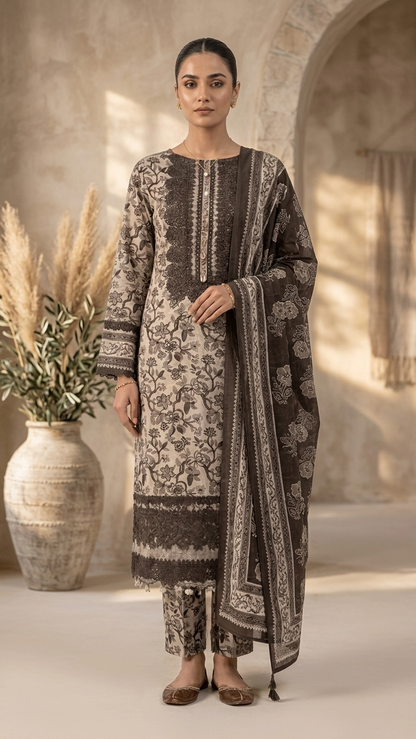 Ivory floral embroidered suit set with Lace Detailing & Dupatta
