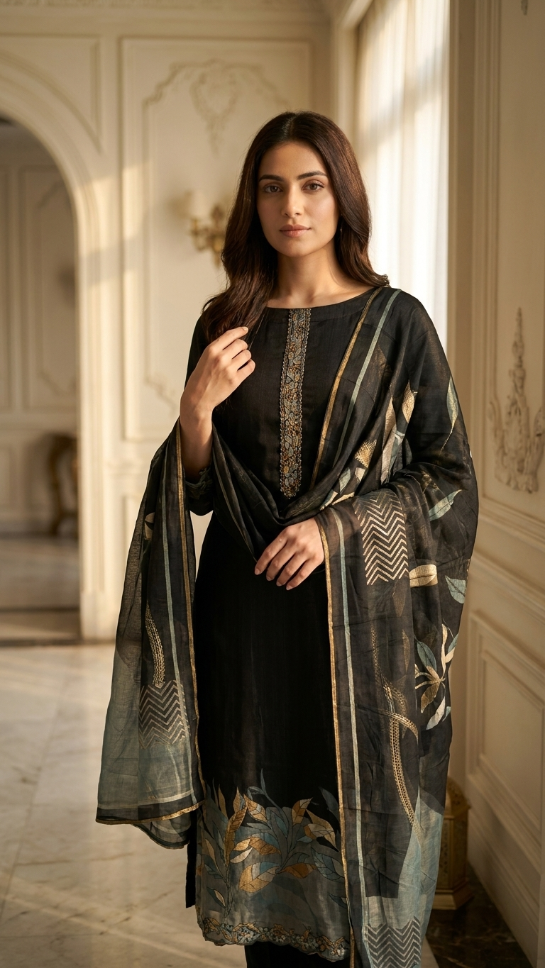 Black muslin suit set with printed dupatta for Women