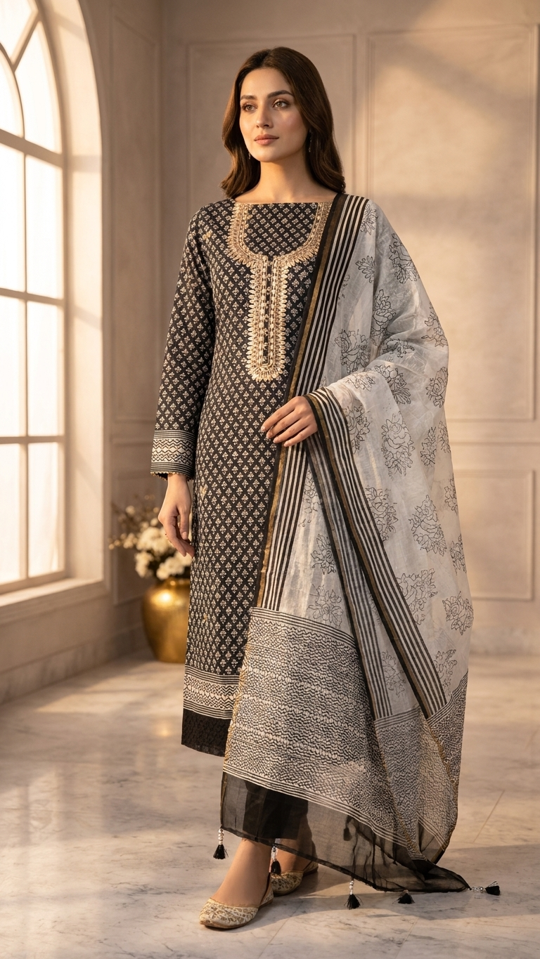 Black and off-white cotton suit set with Dupatta for Women