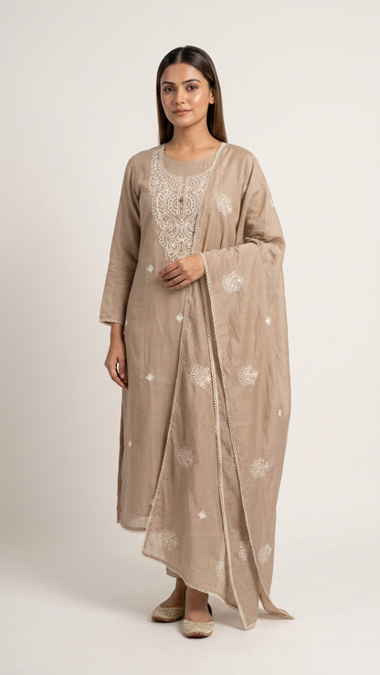 Mocha brown embroidered lawn suit with Dupatta