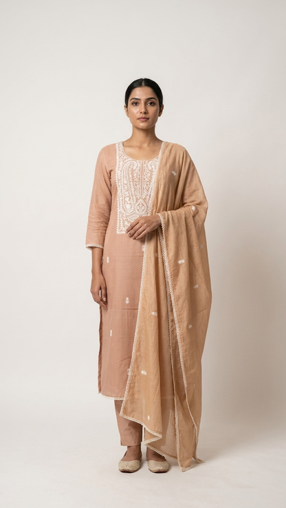 Caramel brown embroidered suit with Dupatta