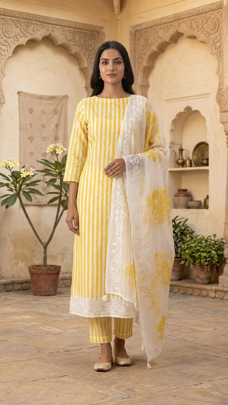 yellow striped embroidered suit set