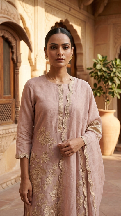 Blush pink embroidered cotton suit set with Dupatta for Women