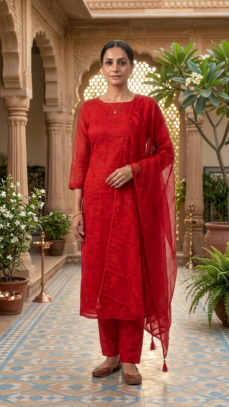 Vermilion red embroidered suit set with Peacock Motif & Dupatta