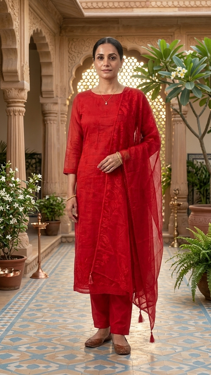 Vermilion red embroidered suit set with Peacock Motif & Dupatta