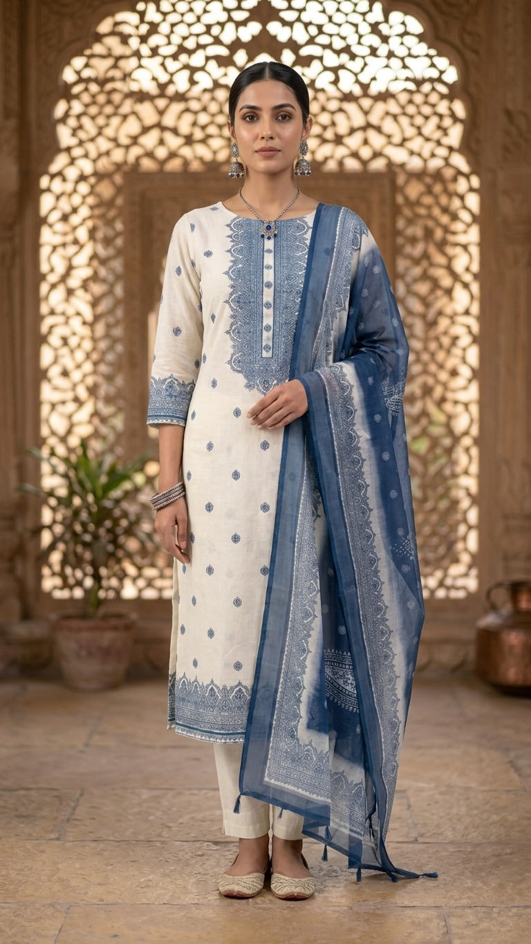 Ivory blue floral ethnic suit set with Designer Dupatta