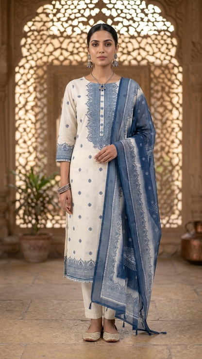 Ivory blue floral ethnic suit set with Designer Dupatta