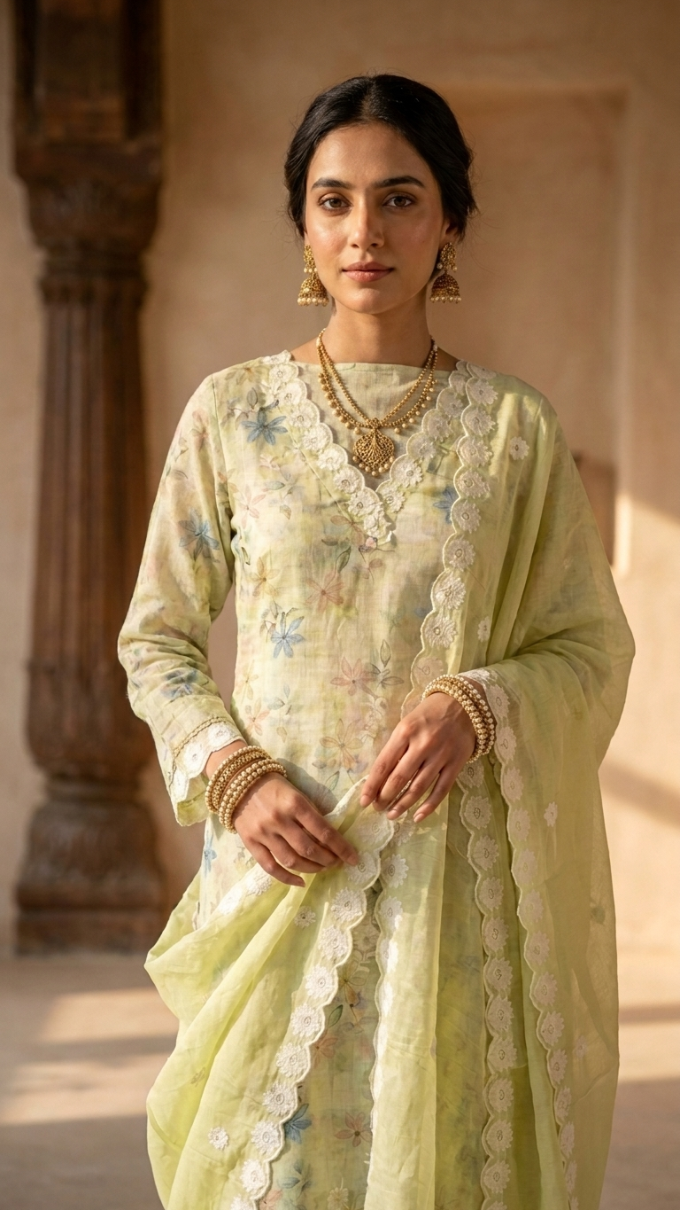 Pistachio green luxury suit set Floral Embroidered with Lace Dupatta