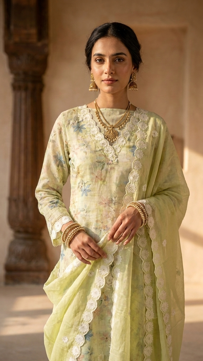 Pistachio green luxury suit set Floral Embroidered with Lace Dupatta