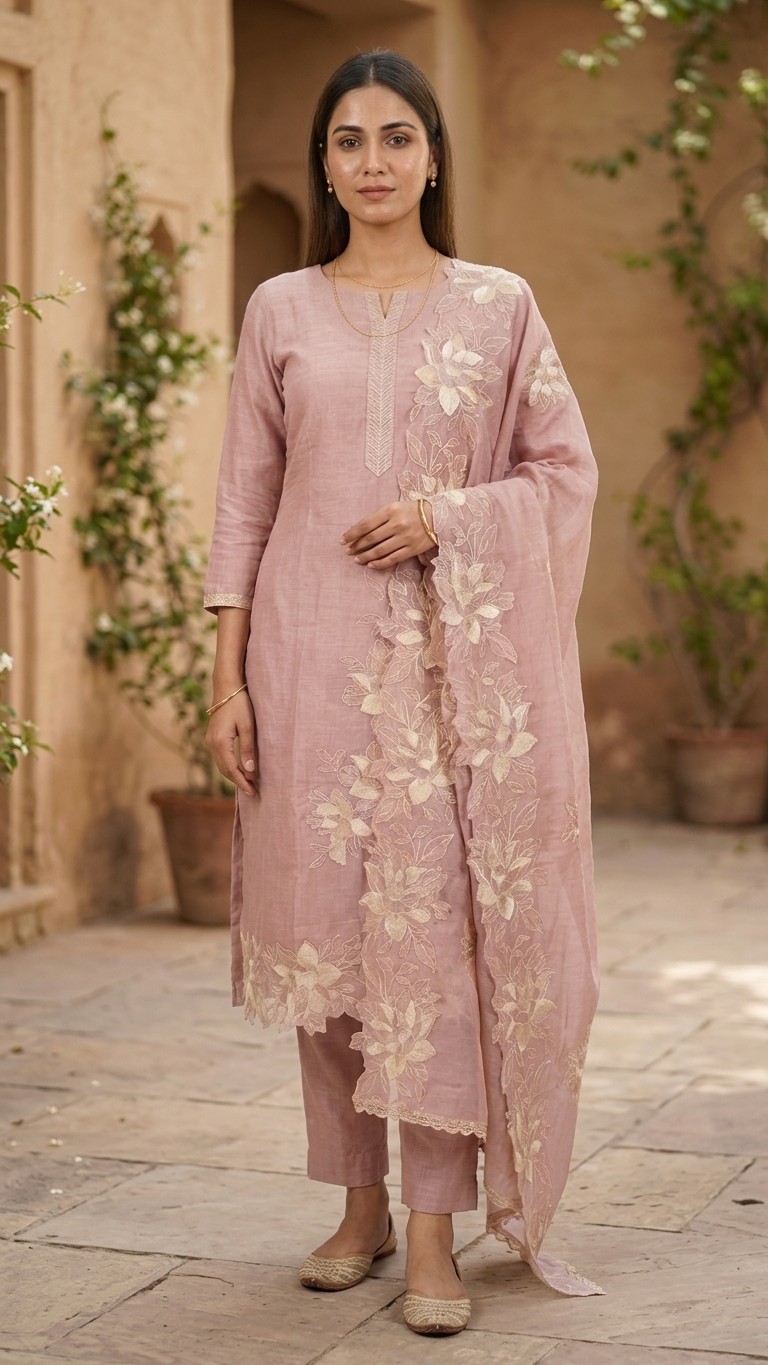 Dusty Rose Floral Embroidered Suit Set with Dupatta