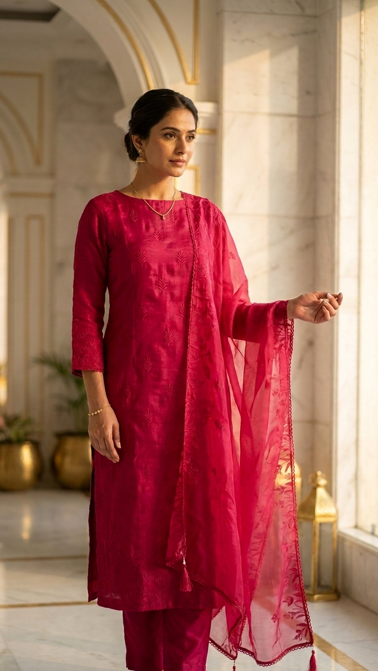Elegant rani pink suit set with Sheer Dupatta for Women