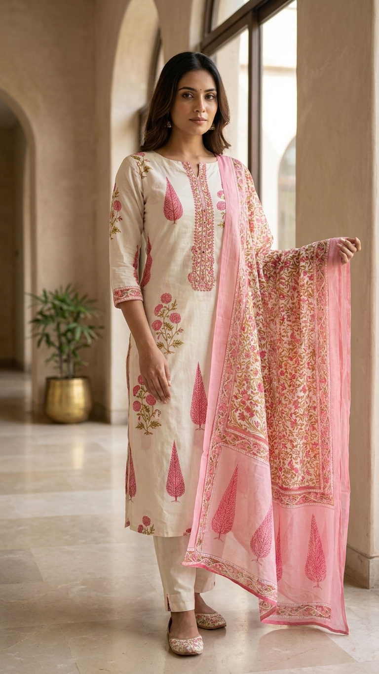 Cream pink embroidered ethnic suit set with Designer Dupatta
