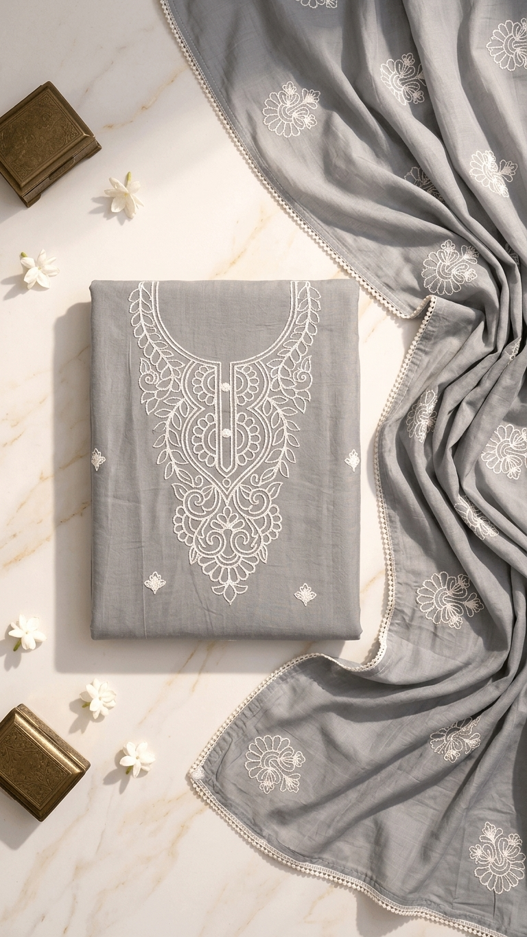 Grey embroidered cotton suit set with Dupatta for Women