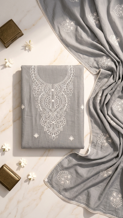 Grey embroidered cotton suit set with Dupatta for Women