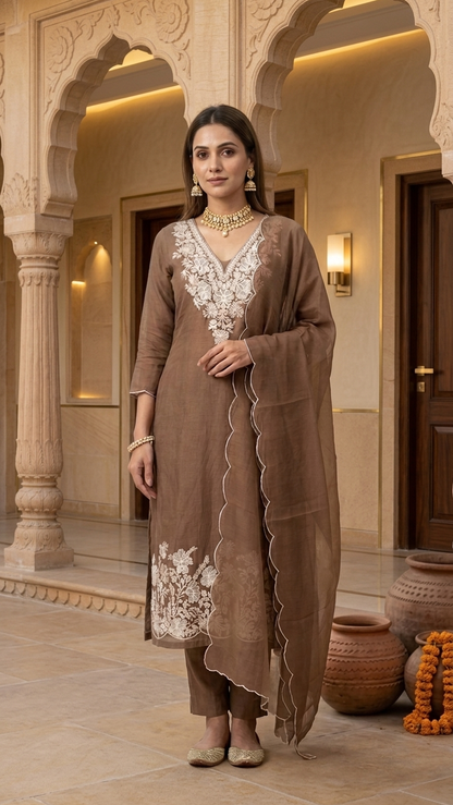 Dusty blush embroidered lawn suit with Dupatta