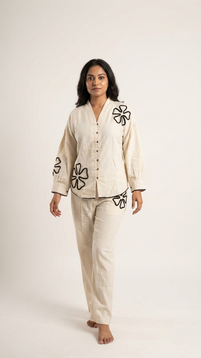 Premium Cotton Blend Co-Ord Set for Women | Off-White Floral Appliqué Lounge & Resort Wear Set
