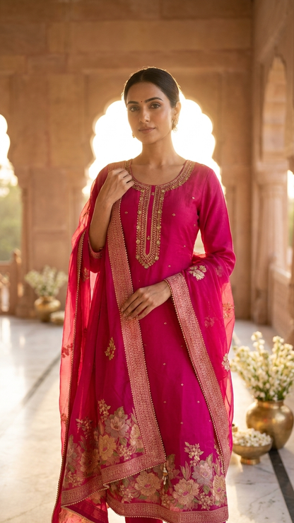 Rani pink embroidered suit set with Floral Dupatta for Women