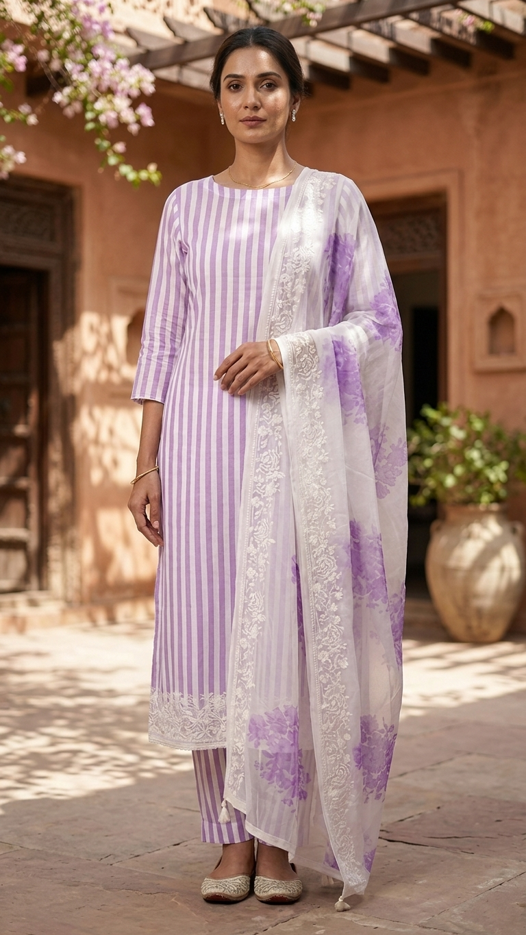 Lavender embroidered salwar suit set with Floral Dupatta