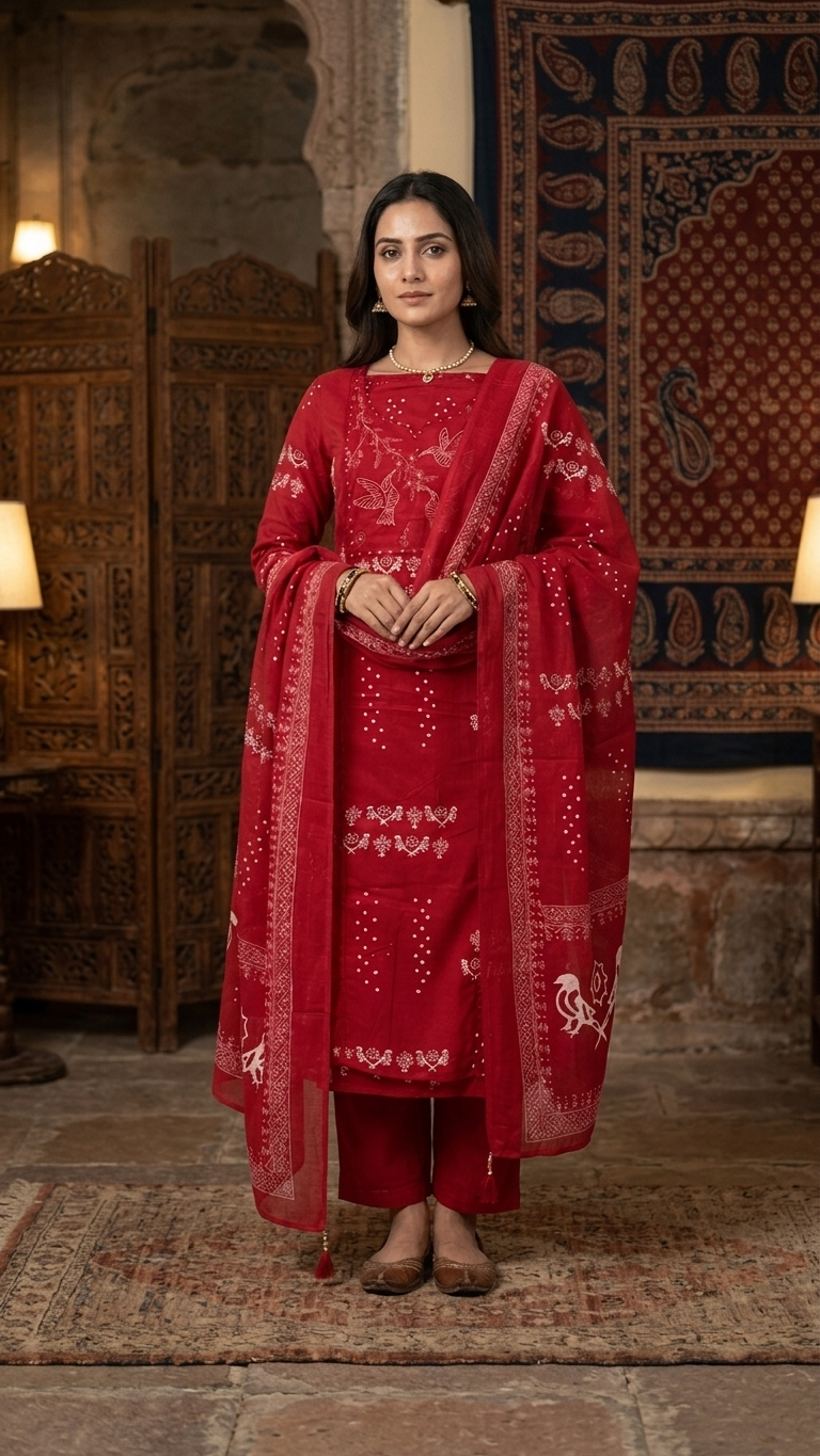 Handblock printed suit set with Folk Bird Motif & Dupatta