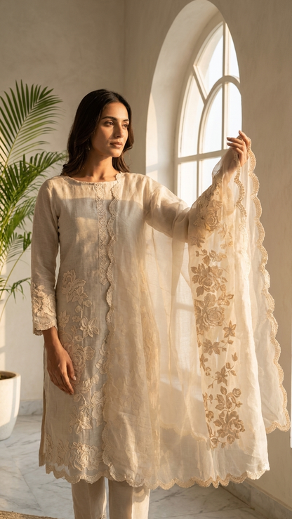 Beige embroidered cotton suit set with Dupatta for Women