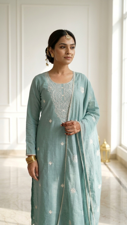 Mint green embroidered cotton suit set with Dupatta for Women