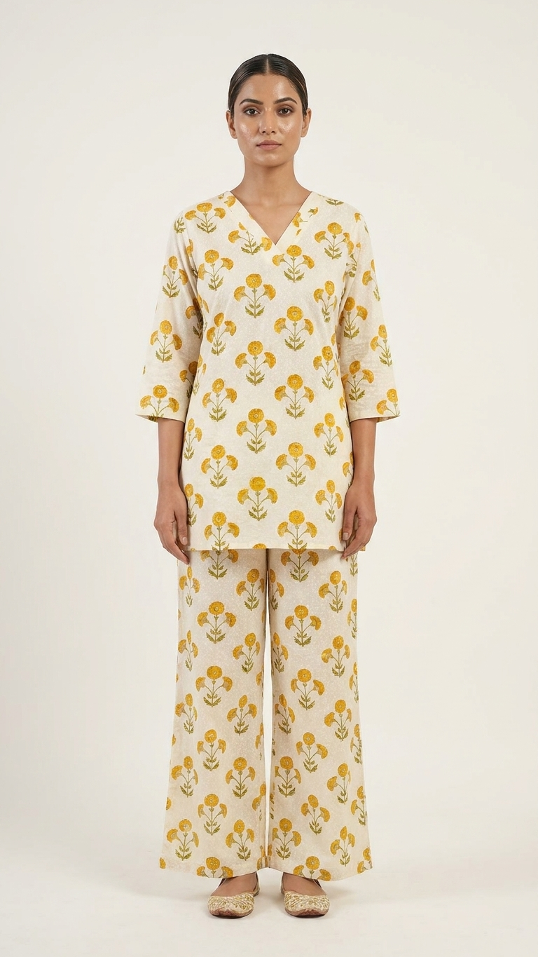 Women's Floral Cotton Co-Ord Set – Premium White Printed Kurta & Palazzo Set