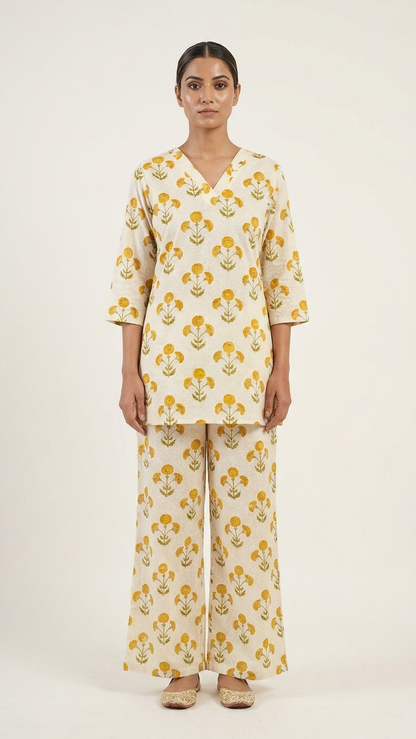 Women's Floral Cotton Co-Ord Set – Premium White Printed Kurta & Palazzo Set