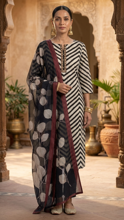 Black ivory ethnic suit set with Printed Dupatta