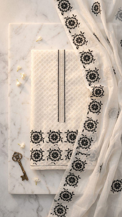 Elegant ivory cotton suit set with Black Floral Embroidery