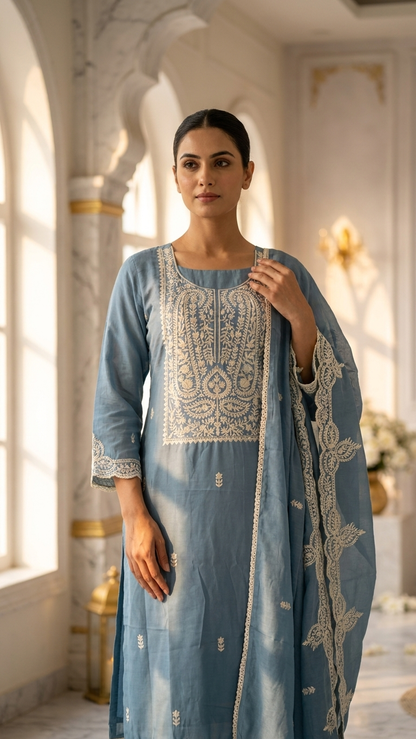 Dusty blue embroidered suit with Dupatta