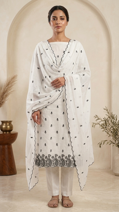 Ivory and black embroidered suit set with Scalloped Dupatta