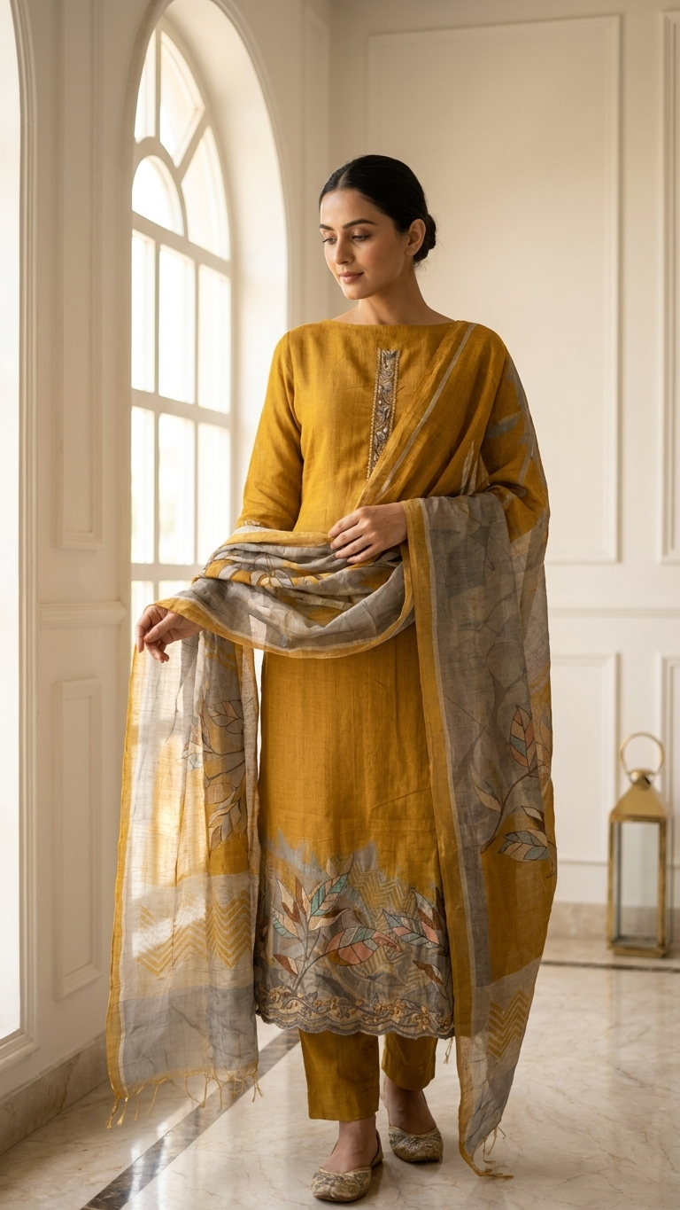 Mustard yellow suit set with Printed Dupatta for Women