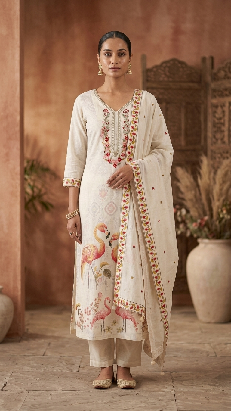 Ivory flamingo print suit set with Embroidered Neckline & Dupatta