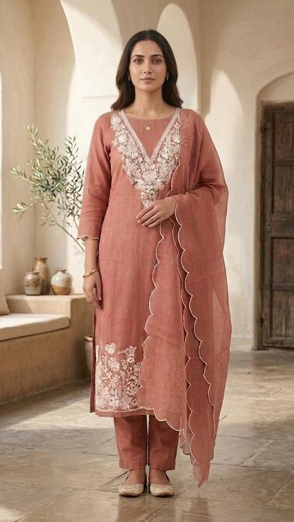 Blush Pink Suit Set with Handcrafted White Floral Embroidery & Dupatta