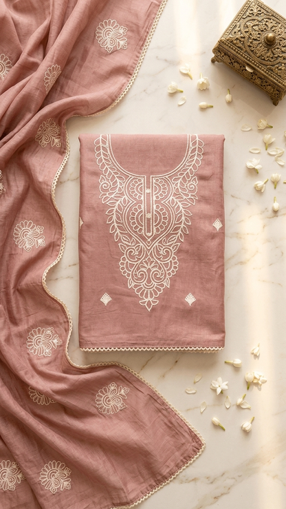 Blush pink cotton suit set with Dupatta for Women