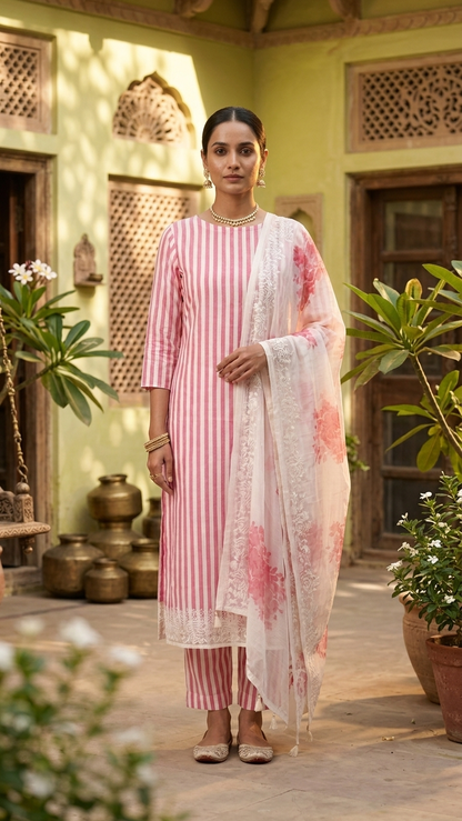 Pink ivory striped ethnic suit set with Floral Dupatta