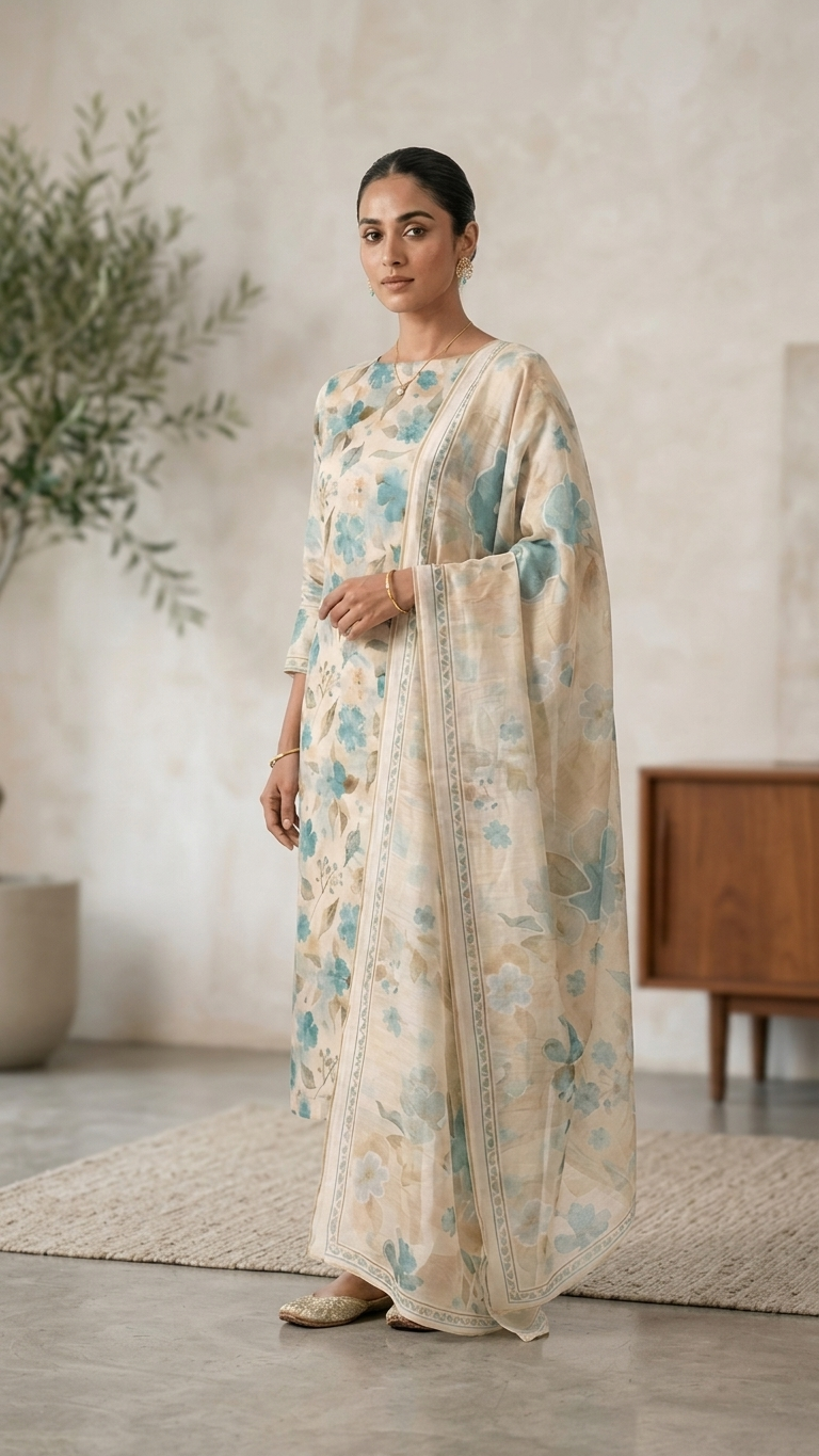Foral printed suit fabric with dupatta Cream & Aqua Blue