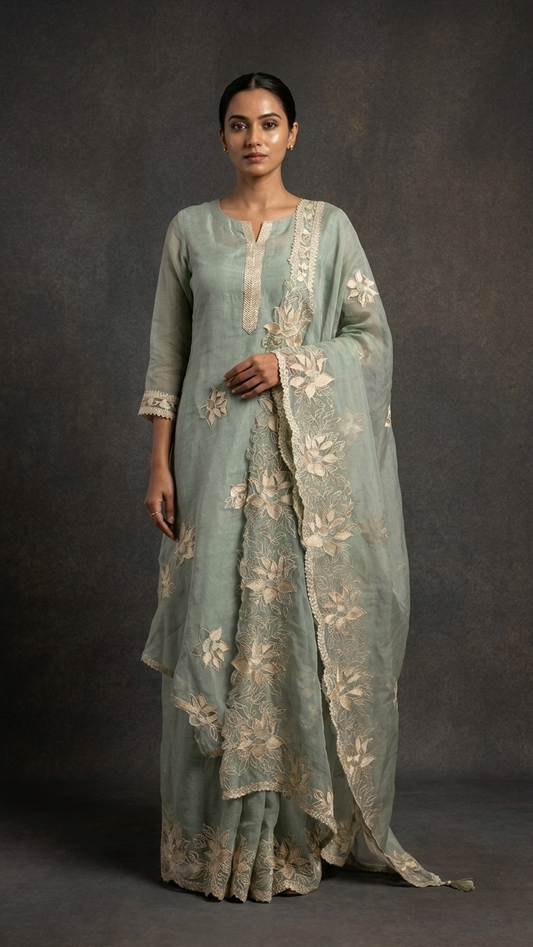 Mint green embroidered lawn suit with Dupatta