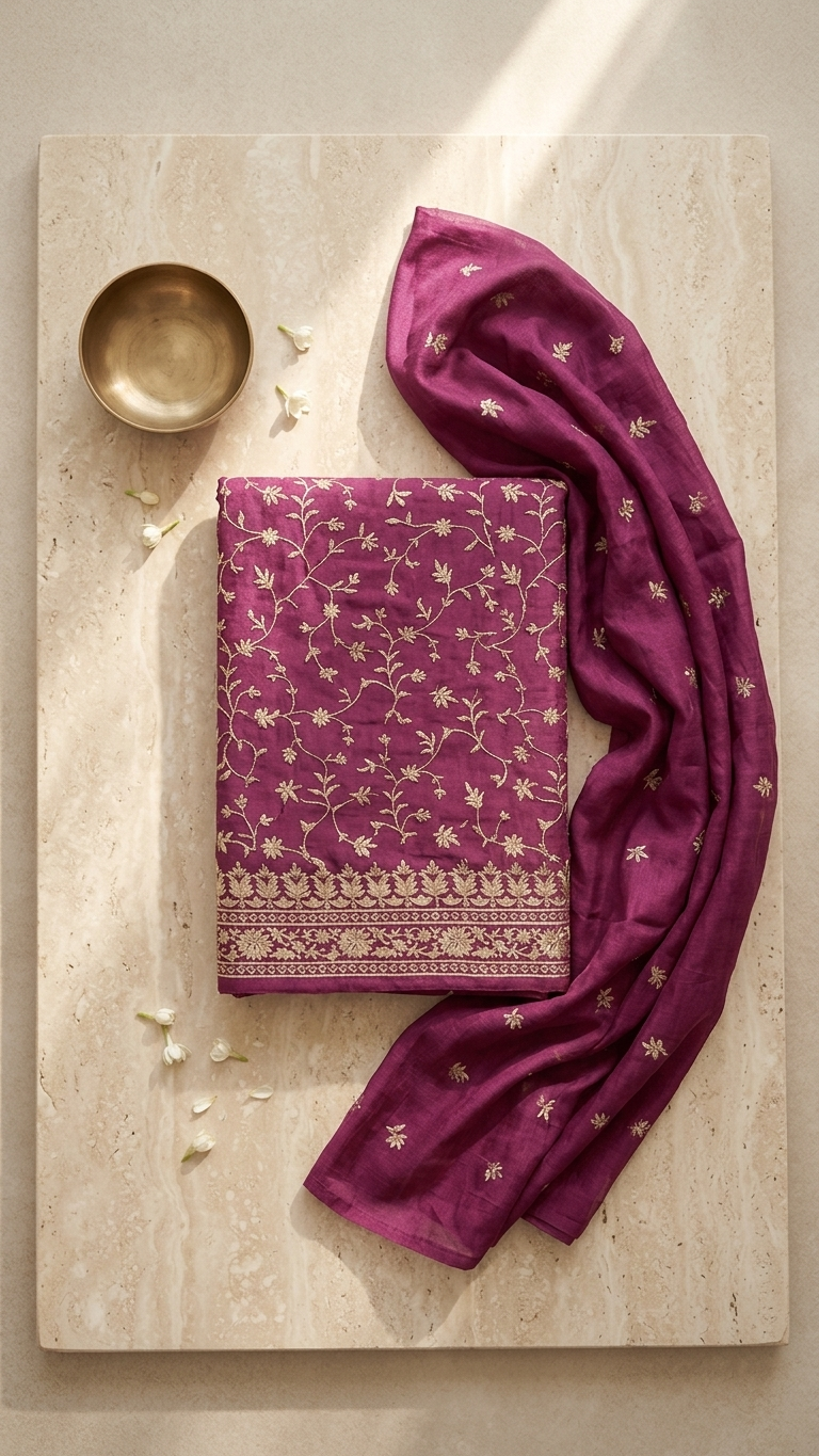 wine magenta silk suit set with Dupatta for Women